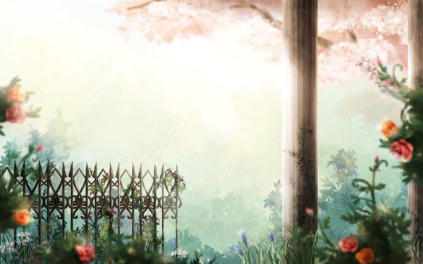 Anime picture 1680x1050 with original yun laurant wide image sunlight cherry blossoms no people scenic flower (flowers) plant (plants) tree (trees) rose (roses) grass fence