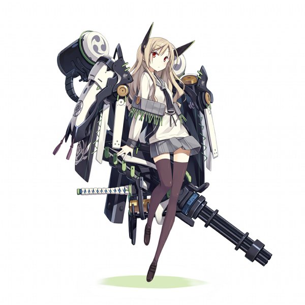 Anime picture 900x900 with original poco (asahi age) single long hair looking at viewer fringe red eyes standing pleated skirt grey hair standing on one leg mechanical mechanical wings girl thighhighs skirt weapon black thighhighs wings gun