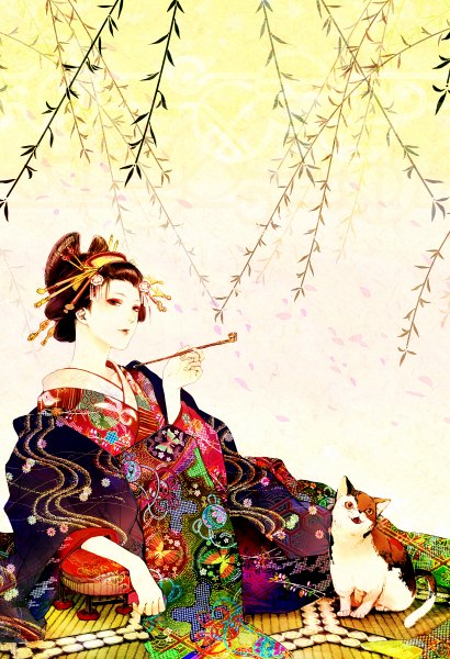 Anime picture 820x1200 with original uraki (tetsu420) single tall image short hair open mouth brown hair holding looking away traditional clothes japanese clothes teeth orange eyes fang (fangs) lipstick gradient background on side pale skin reclining eyeshadow