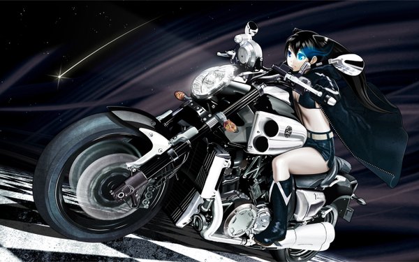 Anime picture 1440x900 with black rock shooter black rock shooter (character) long hair blue eyes black hair wide image twintails night glowing glowing eye (eyes) girl shorts bikini top motorcycle