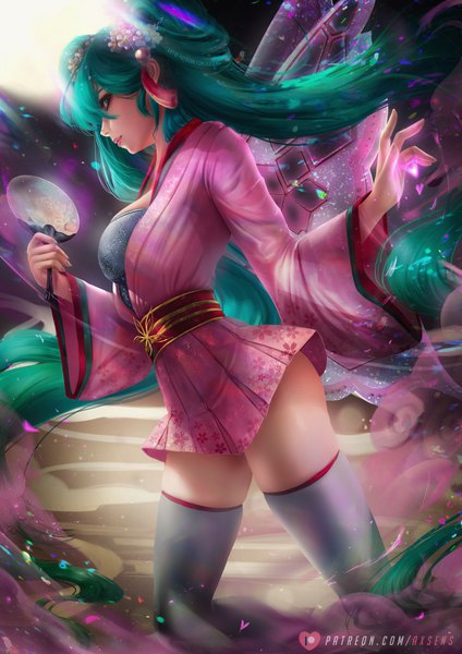 Anime-Bild 3532x5000 mit vocaloid hatsune miku axsen single tall image looking at viewer fringe highres breasts light erotic hair between eyes large breasts standing twintails holding green eyes signed absurdres long sleeves very long hair