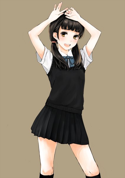 Anime picture 848x1200 with original 666 (marino) single long hair tall image looking at viewer blush fringe open mouth black hair simple background smile standing brown eyes pleated skirt arms up short sleeves brown background hands on head girl