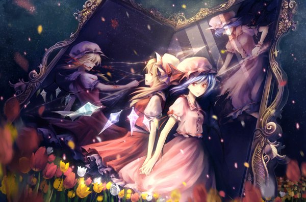 Anime picture 1200x795 with touhou flandre scarlet remilia scarlet kieta long hair highres short hair blonde hair smile red eyes blue hair holding hands reflection back to back girl dress flower (flowers) hat wings blood