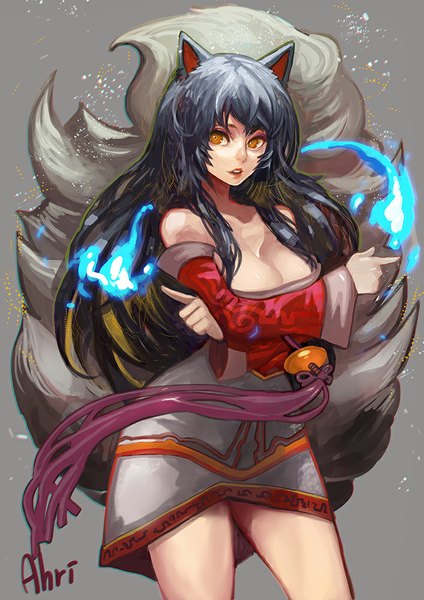Anime picture 707x1000 with league of legends ahri (league of legends) canking single long hair tall image looking at viewer breasts light erotic black hair simple background large breasts bare shoulders animal ears tail animal tail grey background orange eyes fox ears magic