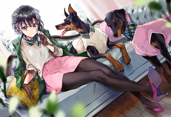 Anime picture 1648x1130 with masamune-kun no revenge silver link adagaki aki tiv single looking at viewer blush fringe short hair blue eyes black hair smile sitting full body indoors blurry high heels dutch angle floral print clothes on shoulders