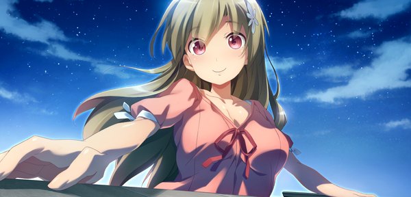 Anime picture 2250x1080 with brava! long hair highres smile brown hair wide image game cg pink eyes night girl dress
