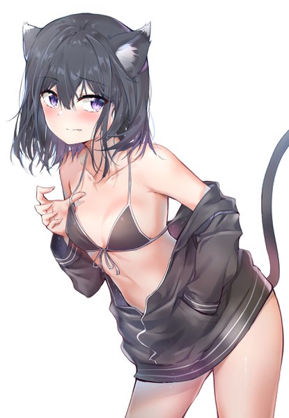 Anime picture 1716x2480 with masamune-kun no revenge silver link adagaki aki nyung single tall image looking at viewer blush fringe highres short hair breasts light erotic black hair simple background hair between eyes standing white background purple eyes animal ears