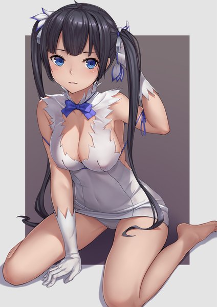 Anime picture 1188x1680 with dungeon ni deai wo motomeru no wa machigatteiru darou ka j.c. staff hestia (danmachi) kano sakurai single long hair tall image looking at viewer blush blue eyes light erotic black hair sitting twintails cleavage parted lips no shoes covered navel border wariza