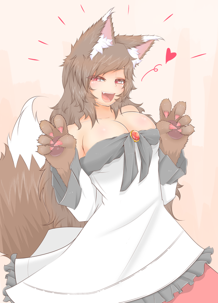 Anime picture 1410x1958 with touhou imaizumi kagerou cube85 single long hair tall image looking at viewer breasts open mouth light erotic simple background smile red eyes brown hair large breasts bare shoulders animal ears cleavage long sleeves :d