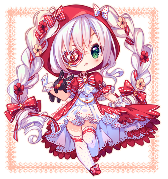 Anime picture 846x900 with hyanna-natsu single tall image looking at viewer blush fringe simple background hair between eyes white background green eyes signed full body bent knee (knees) white hair braid (braids) very long hair hair flower puffy sleeves twin braids drill hair