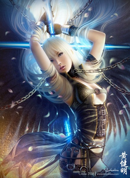 Anime picture 731x1000 with original mario wibisono (raynkazuya) single long hair tall image blue eyes white hair lips realistic girl thighhighs gloves black thighhighs petals wings chain armband shackles