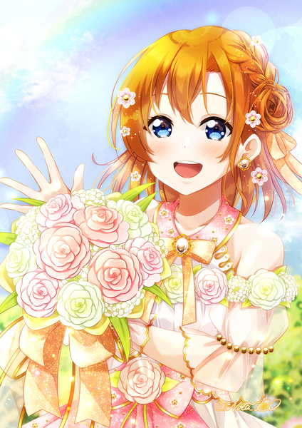Anime picture 3541x5016 with love live! school idol project sunrise (studio) love live! kousaka honoka nota ika single tall image blush highres short hair open mouth blue eyes smile bare shoulders looking away absurdres sky cloud (clouds) upper body braid (braids)
