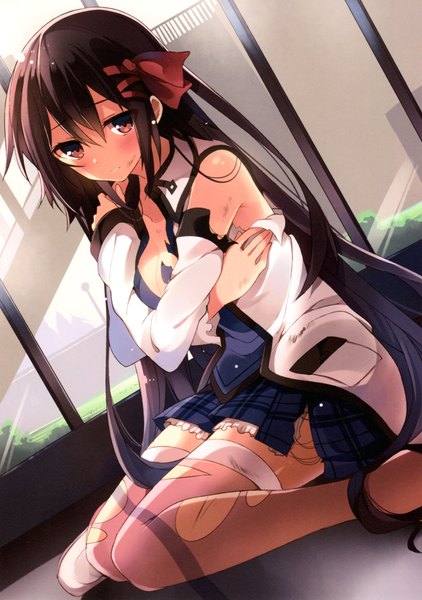 Anime picture 4281x6090 with original mishima kurone single long hair tall image looking at viewer blush fringe highres light erotic hair between eyes red eyes brown hair sitting absurdres indoors parted lips scan torn clothes wariza