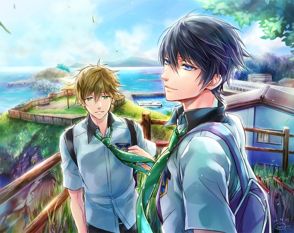 Anime picture 900x716 with free! kyoto animation nanase haruka (free!) tachibana makoto doro (dorophin) looking at viewer fringe short hair blue eyes black hair hair between eyes brown hair standing green eyes signed sky cloud (clouds) upper body outdoors light smile