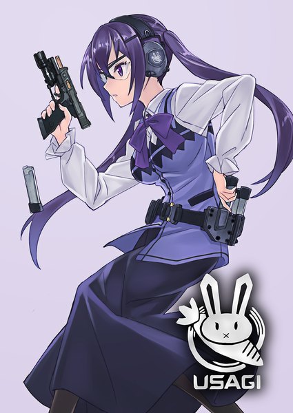 Anime picture 850x1200 with gochuumon wa usagi desu ka? white fox tedeza rize matsuryuu single long hair tall image simple background purple eyes twintails looking away purple hair logo girl skirt weapon shirt pantyhose glasses headphones