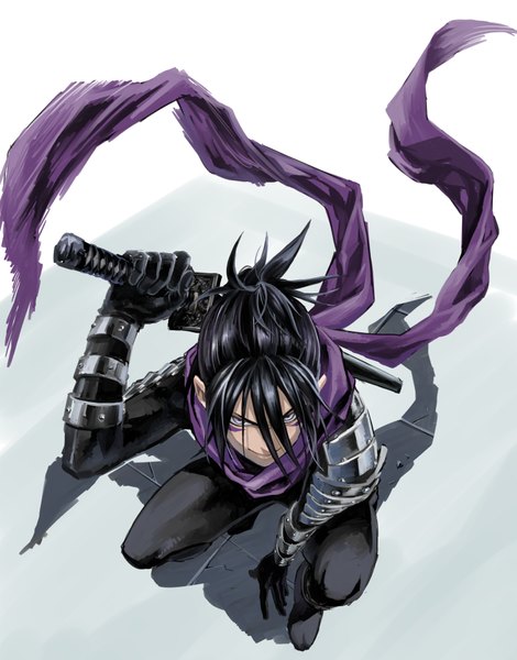 Anime picture 752x959 with one-punch man madhouse onsoku no sonic indesign single tall image short hair black hair simple background smile purple eyes ponytail from above wind arm support shadow facial mark arm behind head squat messy hair