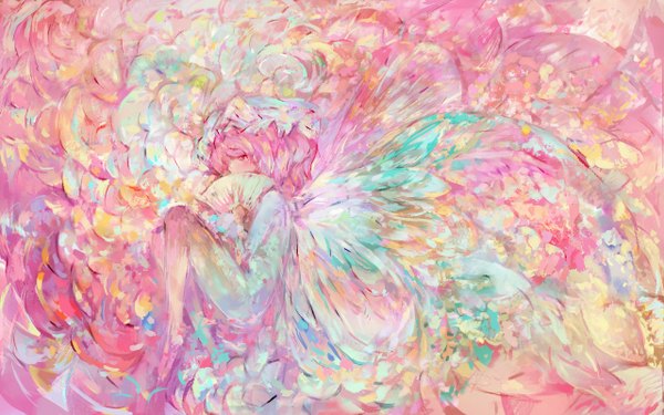 Anime picture 1280x800 with touhou saigyouji yuyuko tsuuyakukan reni single wide image pink hair abstract faux traditional media girl hat wings insect butterfly fan