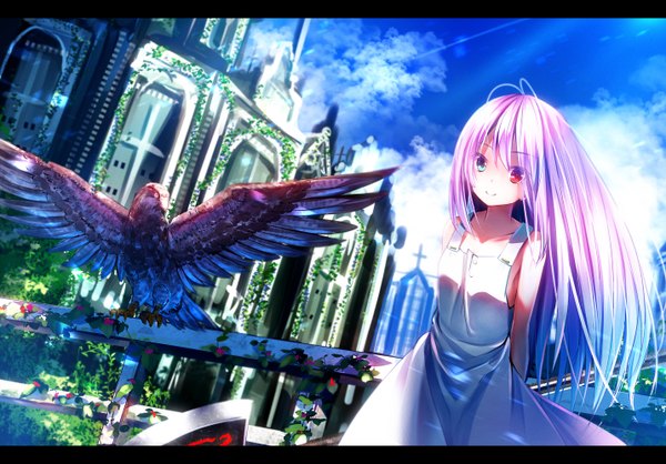 Anime picture 1432x1000 with original haru (ryosios) ryosios single long hair looking at viewer blue eyes smile red eyes pink hair heterochromia letterboxed hands behind back girl dress weapon plant (plants) animal bird (birds) building (buildings)