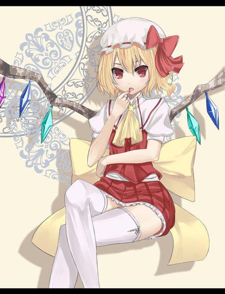 Anime picture 1000x1307 with touhou flandre scarlet ray-akila tall image short hair blonde hair red eyes crossed legs finger to mouth girl thighhighs dress skirt bow white thighhighs wings bonnet skirt set crystal