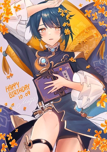 Anime picture 720x1024 with genshin impact xingqiu (genshin impact) kmes niku single tall image looking at viewer blush short hair yellow eyes blue hair from above dated happy birthday boy flower (flowers) pillow book (books) single earring vision (genshin impact) osmanthus fragrans