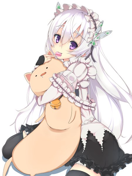 Anime picture 960x1280 with hitsugi no chaika studio bones chaika trabant haru mari single long hair tall image looking at viewer simple background white background purple eyes holding white hair hug mouth hold lolita fashion girl thighhighs dress hair ornament