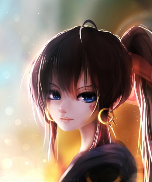 Anime picture 1333x1600 with original qian ye (qys3) qys3 single long hair tall image looking at viewer blue eyes brown hair upper body ahoge ponytail facial mark watermark light revision girl earrings hoop earrings