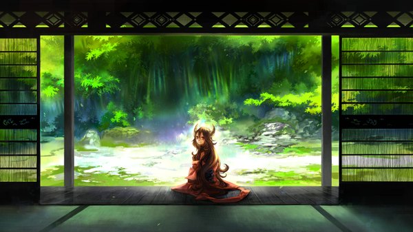 Anime picture 1280x720 with kajimiya (kaji) long hair smile brown hair wide image japanese clothes pink eyes horn (horns) girl plant (plants) tree (trees) kimono forest drummania