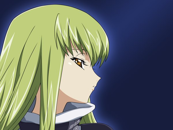 Anime picture 2400x1800 with code geass sunrise (studio) c.c. single long hair looking at viewer fringe highres yellow eyes green hair blue background vector girl