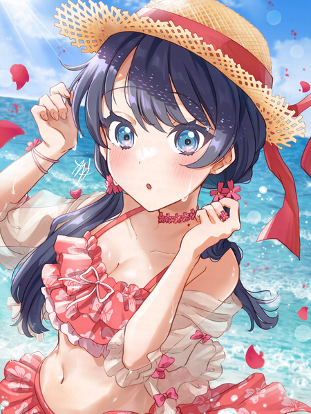 Anime picture 1500x2000 with link! like! love live! sunrise (studio) love live! murano sayaka kyaku tasu single long hair tall image looking at viewer blush fringe breasts blue eyes light erotic black hair twintails sky cleavage cloud (clouds) outdoors
