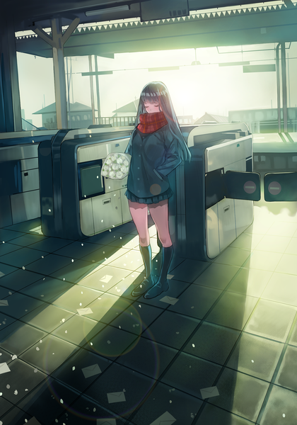 Anime picture 1611x2300 with original arutera single long hair tall image fringe standing holding eyes closed sunlight hands in pockets dark hair girl skirt flower (flowers) miniskirt petals socks jacket scarf