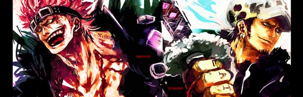 Anime picture 1424x458 with one piece toei animation trafalgar law eustass kid tsuyomaru short hair open mouth black hair smile red eyes wide image red hair multiple boys multiview boy weapon hat sword tongue katana
