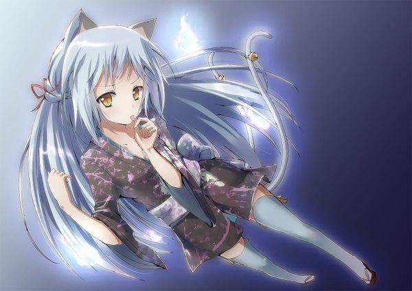 Anime picture 1680x1188 with original icyfox single long hair looking at viewer animal ears tail traditional clothes animal tail grey hair orange eyes girl thighhighs ribbon (ribbons) bow hair ribbon bell jingle bell