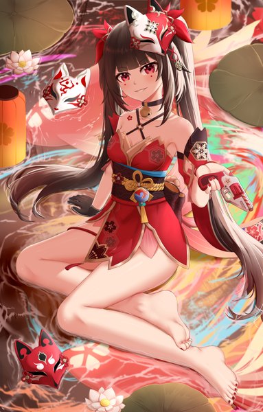 Anime picture 2300x3600 with honkai: star rail honkai (series) sparkle (honkai: star rail) skym (kumei) single long hair tall image looking at viewer blush fringe highres light erotic smile red eyes brown hair sitting twintails bare shoulders payot full body