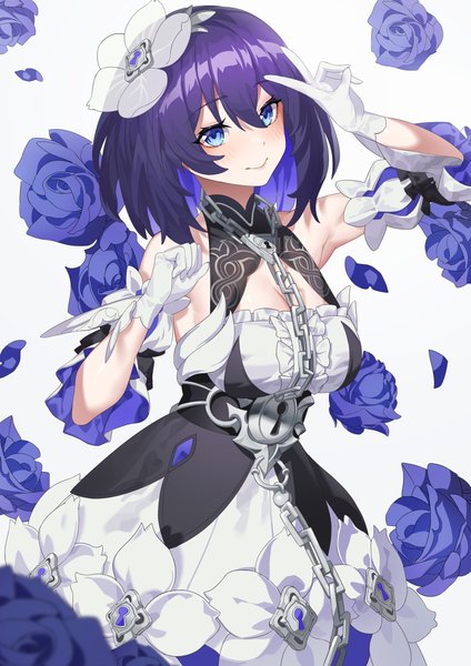 Anime picture 1736x2456 with honkai impact 3rd honkai (series) seele vollerei henz single tall image blush fringe highres short hair breasts simple background smile hair between eyes large breasts standing white background purple eyes bare shoulders purple hair