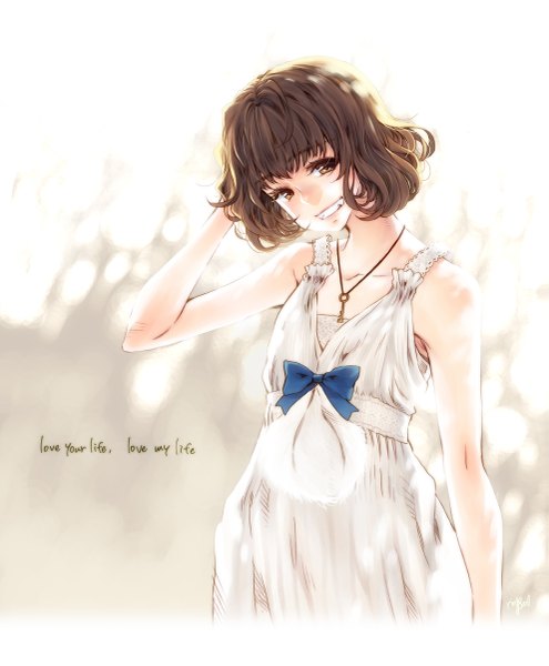 Anime picture 991x1200 with original takanashi ringo single tall image looking at viewer fringe short hair smile brown hair bare shoulders brown eyes inscription hand on head girl dress white dress pendant sundress key