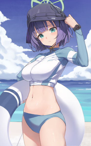 Anime picture 1194x1921 with blue archive saki (blue archive) saki (swimsuit) (blue archive) reulem single tall image looking at viewer short hair sky purple hair cloud (clouds) head tilt aqua eyes beach official alternate costume horizon adjusting hat girl swimsuit hat