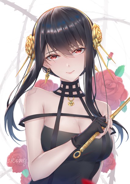 Anime picture 2150x3035 with spy x family yor briar sking single long hair tall image looking at viewer blush fringe highres breasts black hair simple background smile hair between eyes red eyes large breasts white background bare shoulders signed