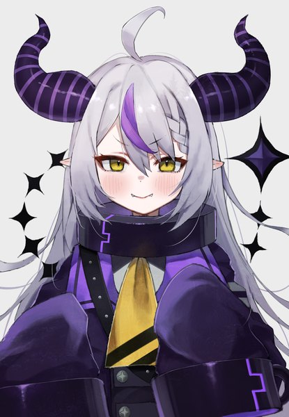 Anime picture 1484x2144 with virtual youtuber hololive la+ darknesss la+ darknesss (1st costume) shin ilst single long hair tall image looking at viewer blush fringe smile hair between eyes yellow eyes silver hair upper body ahoge long sleeves multicolored hair horn (horns)