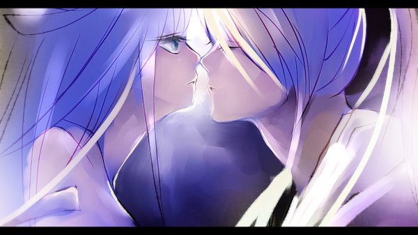 Anime picture 1366x768 with original huachui (artist) long hair blue eyes wide image multiple girls blue hair ponytail eyes closed sunlight shoujo ai face to face framed almost kiss girl 2 girls