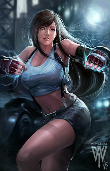 Anime picture 600x927 with final fantasy final fantasy vii square enix tifa lockhart wizyakuza single long hair tall image breasts brown hair bare shoulders brown eyes signed realistic fighting stance girl skirt gloves navel miniskirt