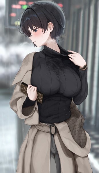 Anime picture 4600x8000 with original gwan-e single tall image blush fringe highres short hair breasts blue eyes light erotic black hair hair between eyes large breasts standing holding looking away absurdres outdoors parted lips