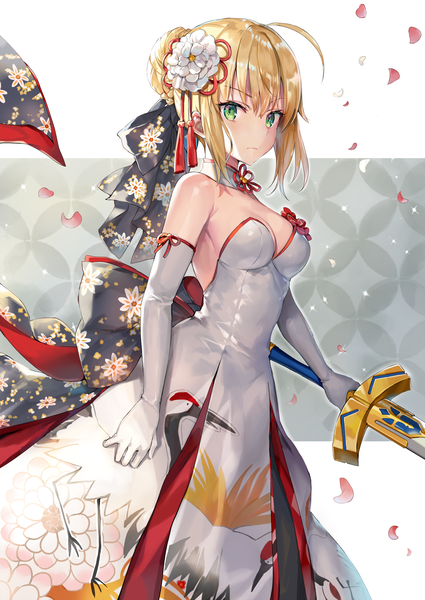 Anime picture 2500x3530 with fate (series) fate/stay night artoria pendragon (all) saber momoko (momopoco) single tall image looking at viewer blush fringe highres short hair breasts blonde hair simple background hair between eyes standing holding green eyes cleavage