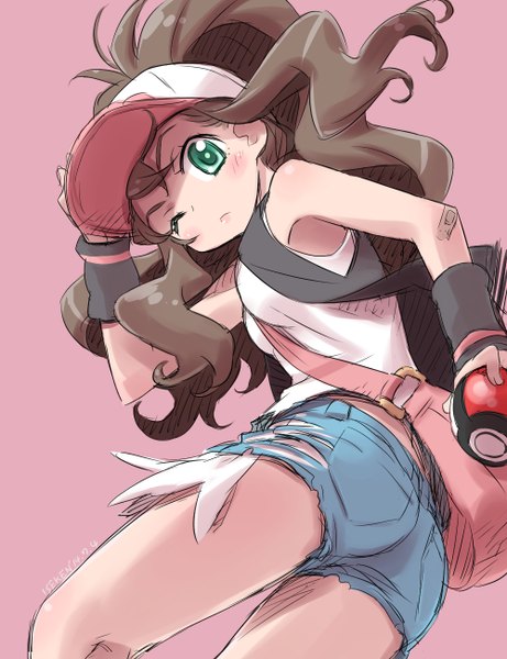 Anime picture 1000x1300 with pokemon pokemon black and white nintendo hilda (pokemon) isedaichi ken single long hair tall image looking at viewer blush simple background brown hair green eyes signed ponytail one eye closed wink from below pink background bandaid on arm