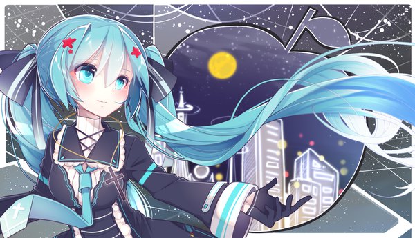 Anime picture 1920x1106 with vocaloid hatsune miku chuuko anpu single blush fringe highres smile hair between eyes wide image twintails payot looking away upper body long sleeves very long hair aqua eyes night wide sleeves city