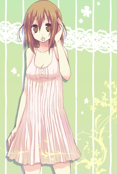 Anime picture 1181x1748 with original gucchiann single tall image looking at viewer short hair brown hair bare shoulders brown eyes girl dress