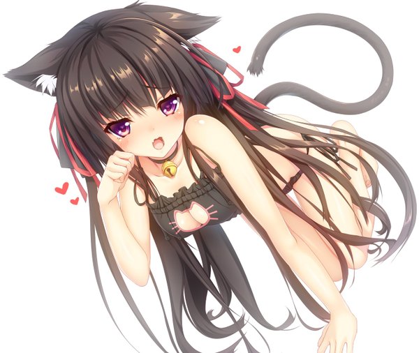 Anime picture 1421x1200 with kantai collection isokaze destroyer moeki yuuta single long hair blush breasts open mouth light erotic black hair simple background white background purple eyes animal ears tail animal tail cat ears cat girl cat tail underwear only