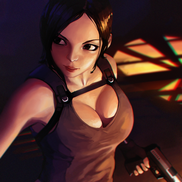Anime picture 900x900 with tomb raider lara croft guweiz single short hair breasts light erotic red eyes brown hair large breasts cleavage from above lips sleeveless girl weapon gun pistol clothes