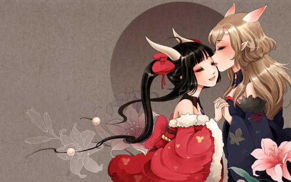 Anime picture 1440x900 with ayakashi onmyouroku shishi (x67937183) long hair fringe black hair blonde hair smile wide image twintails bare shoulders multiple girls eyes closed profile horn (horns) pointy ears grey background holding hands face to face kiss brown background