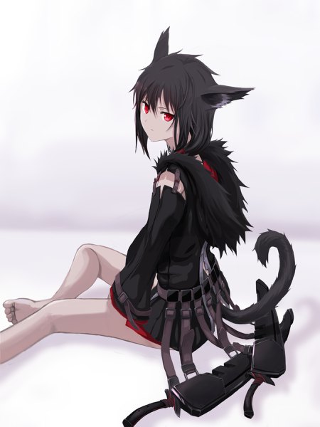 Anime picture 1800x2400 with original mikisai single tall image looking at viewer fringe highres short hair black hair simple background hair between eyes red eyes sitting animal ears payot tail animal tail pleated skirt barefoot cat ears