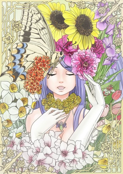 Anime picture 1200x1695 with original raybar (artist) single long hair tall image open mouth blue hair purple hair eyes closed hair flower framed girl gloves hair ornament flower (flowers) choker elbow gloves rose (roses) pendant insect